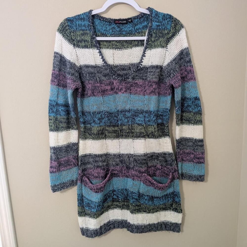 Y2K Ultra Flirt Blue Purple Striped Grunge V-Neck Mini Dress Pockets